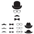 Old fashioned gentleman accessories icon set. Glasses, hat, mustache and bowtie. Vintage or hipster style. Vector illustration. Royalty Free Stock Photo